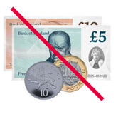 Some pound notes and some coins with a red line through them.