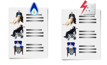2 pieces of paper with images of people and writing on them.  There are images of people and writing on each piece of paper. There is a gas flame at the top of one and an electric socket at the top of the other piece of paper.