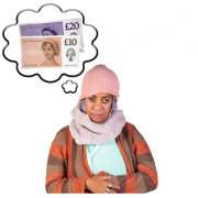 A lady looking unhappy with a thought bubble above her head which has pound notes and coins in it