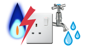 A gas flame, an electric socket and a tap with water drops.