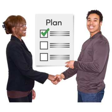 a man and a woman shaking hands about a plan 