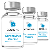 3 bottles of clear liquid labelled 'coronavirus vaccine'.