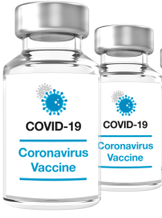 2 bottles of clear liquid labelled 'coronavirus vaccine'.