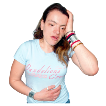 A lady with a hand on her stomach and the other hand on her head.