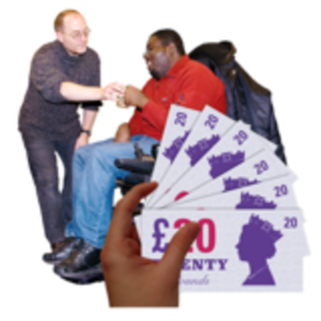 A hand offering money to a seated man