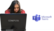 A woman using a laptop and an image of the Microsoft Teams logo