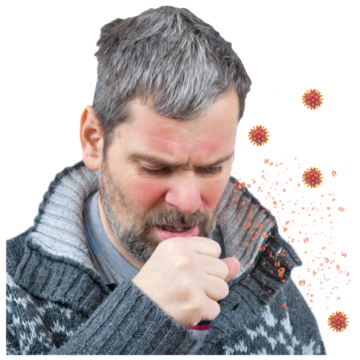 A man coughing into his hand with germs in the air behind him.