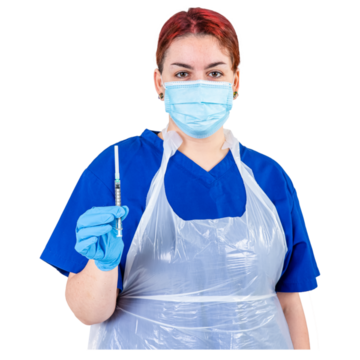 A nurse wearing a facemask and an apron is holding a needle ready to give an injection.