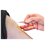 A hand holding a syringe is pushing a needle in to someone's upper arm.
