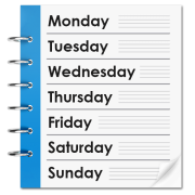A diary showing Monday, Tuesday, Wednesday, Thursday, Friday, Saturday and Sunday.