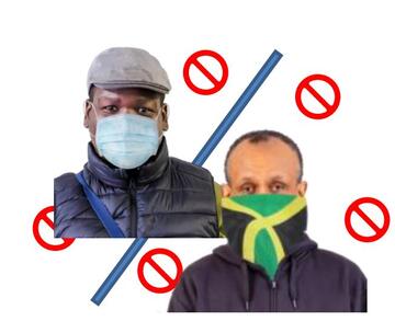 Two men wearing face coverings with 'no entry' signs around their heads
