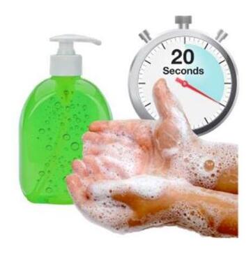 A picture of a bottle of sanitiser, a pair of hands being washed, and a stop watch with 20 seconds on the clock