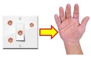 A light switch with the virus on it next to a hand