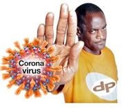 A man with his hand raised to say stop behind a drawing of the coronavirus