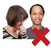 Two women next to each other, one is coughing and beside them is a red cross