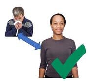 A man who is coughing is a distance away from another person. Beside this picture is a green tick