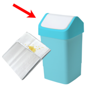 A tissue with an arrow pointing at a waste bin