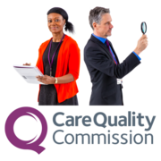 A woman with a clipboard and a man looking through a magnifying glass above the Care Quality Commission logo