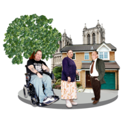 Three people outside a church with a tree next to it. One is in a wheelchair, another is Asian woman and the other is a man in a suite. This image is representing a diverse community