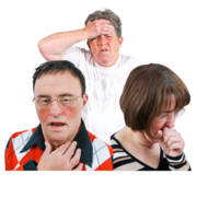 Three people looking poorly. One woman has her hand on her head as she has a headache, a man is holding his sore throat and another woman is coughing into her hand