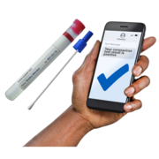 A coronavirus test kit next to a phone displaying a blue tick