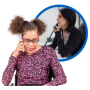 A woman on the phone to a call centre handler asking for advice