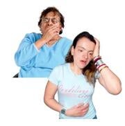A woman coughing into her hand and another woman holding her stomach with one hand and her head with the other