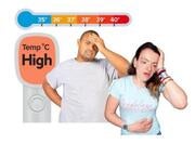 A man and woman both looking unwell standing in front of a thermometer which shows a high temperature