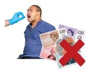 A man having a swab test with his mouth open next to some money with a red cross through it.