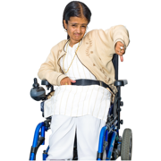 A woman in a wheelchair with her thumbs down