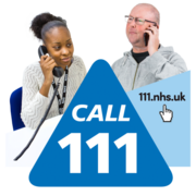 Two people on the telephone next to a Call 111 sign