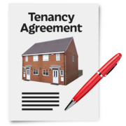 A drawing of a page with a house on it. Above the house is the title: Tenancy Agreement. Next to the page is a pen.