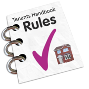 A drawing of the tenants handbook showing a purple tick under the title Tenants Handbook Rules