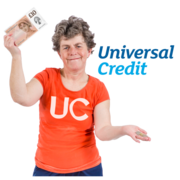 A woman waving some pound notes in the air next to a Universal Credit logo