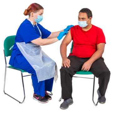 A nurse giving a man an injection in his arm.