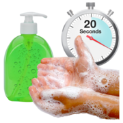 A picture of a bottle  of hand sanitiser, a pair of soapy hands and a stopwatch showing 20 seconds