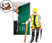 A man in an open doorway asking a tradesman for proof of his identity