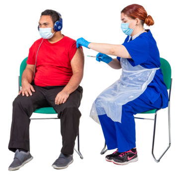 a nurse giving an injection to someone who is wearing headphones and looking away.