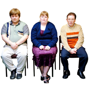 3 people sitting next to each other on chairs.