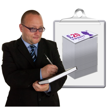 A man in a suit writes on a clipboard. Behind him a graphic of a clipboard with a stack of money on it.