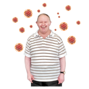 A man smiling at the camera with coronavirus germs around his body
