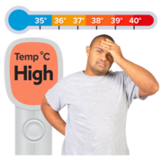 A man with this hand on his forehead next to a temperature gauge which shows he has a high temperature