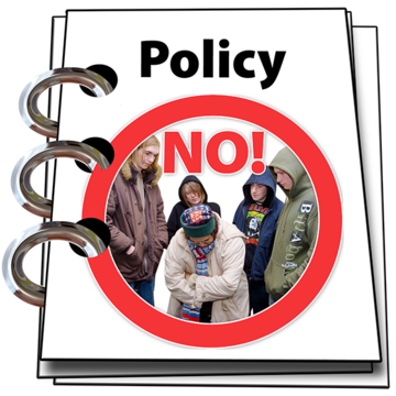 a policy document with a red circle around a picture of a woman being bullied with the word NO written over it