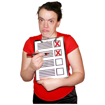 A woman in a red T-shirt using a pen to point to a list of things with red crosses next to them