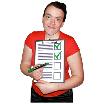 A woman holding up a clipboard and pointing to a list which has ticks against each section