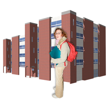 A school building with a pupil standing outside it