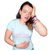 A woman who feels unwell with her hand on her head and another hand on her tummy