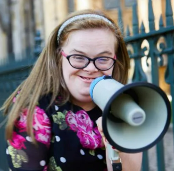 Heidi Crowther holding a megaphone