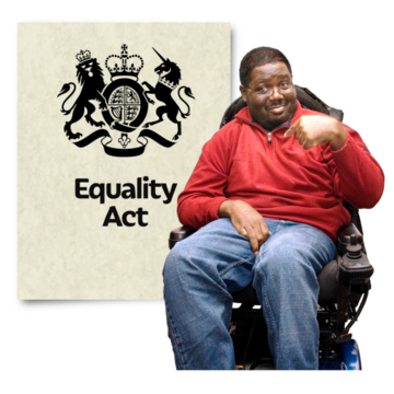 A man in a wheelchair pointing to himself next to a book with a title; Equality Act