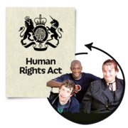 The front cover of the Human rights act next to a picture of people with learning disabilities 